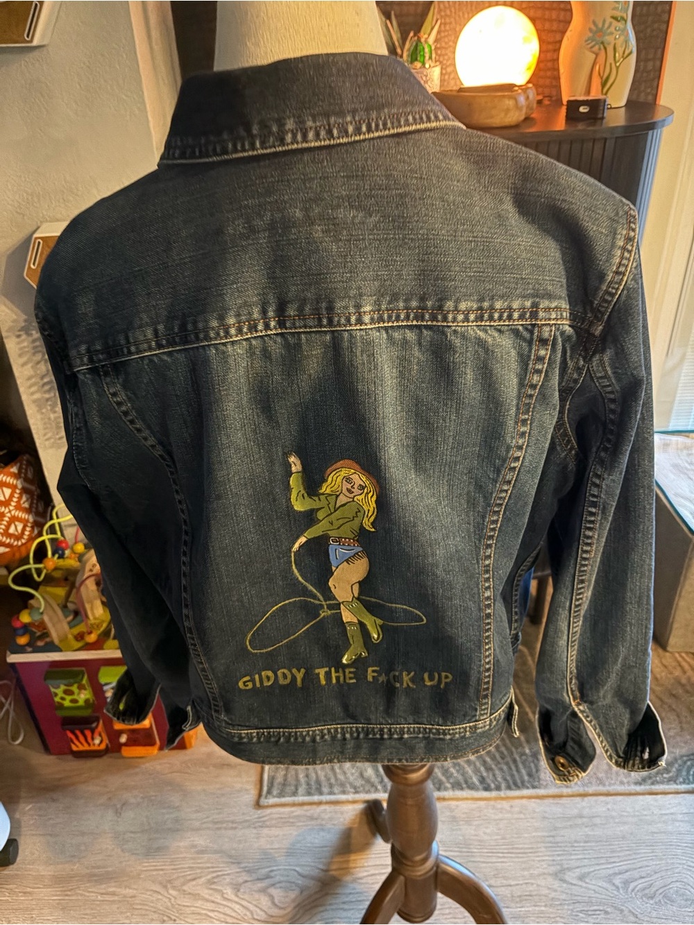 Denim Jacket with Green Graphic Back - Giddy Print